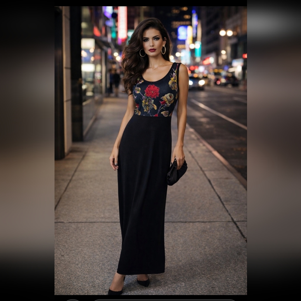 Dawn Joy Fashions‎ Vintage 90's Velvet Bodice Floral Maxi Dress Y2K Formal Glam